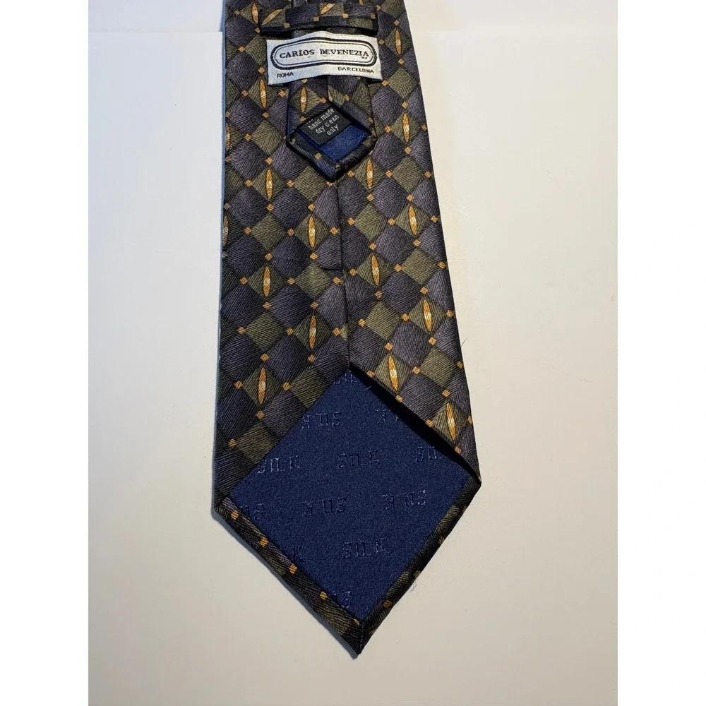 Carlos Devenezia Barcelona Silk Tie Navy Blue Olive Green Geometric Diamond Mens